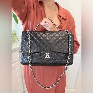 Auth Chanel Jumbo Classic Black Caviar Leather Single Flap Bag 12” x 8”